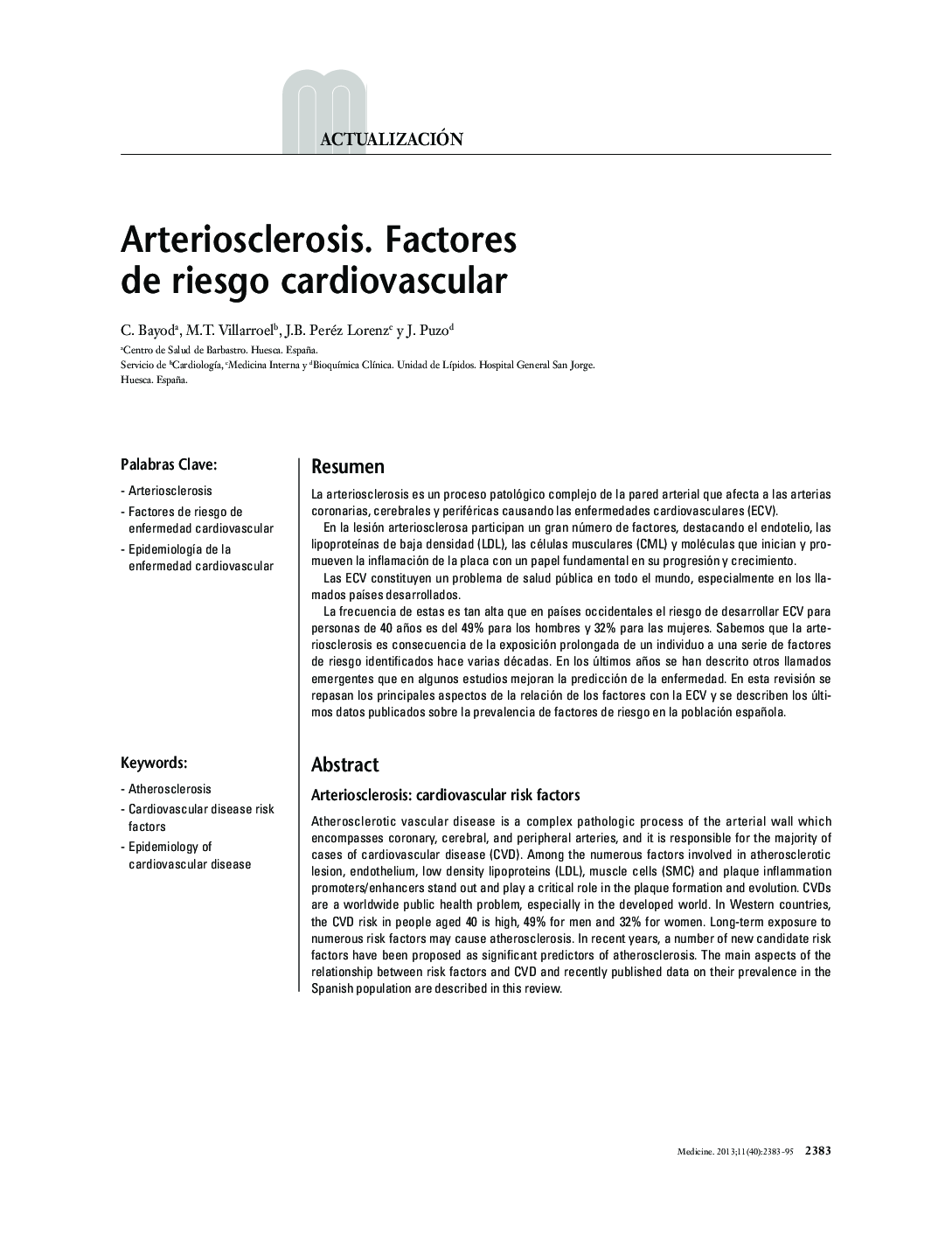 Arteriosclerosis. Factores de riesgo cardiovascular