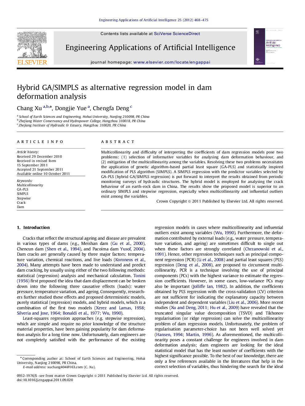 Hybrid GA/SIMPLS as alternative regression model in dam deformation analysis