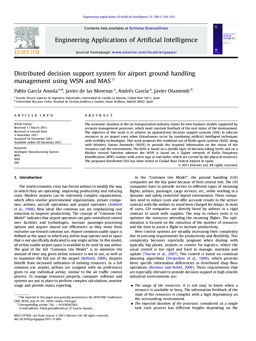 Distributed decision support system for airport ground handling management using WSN and MAS 