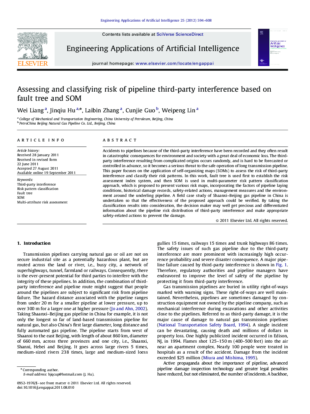 عکس صفحه اول مقاله: Assessing and classifying risk of pipeline third-party interference based on fault tree and SOM Assessing and classifying risk of pipeline third-party interference based on fault tree and SOM