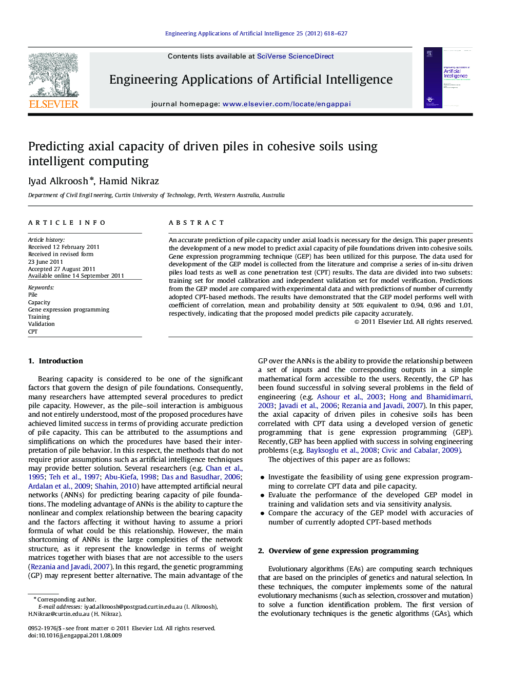 Predicting axial capacity of driven piles in cohesive soils using intelligent computing