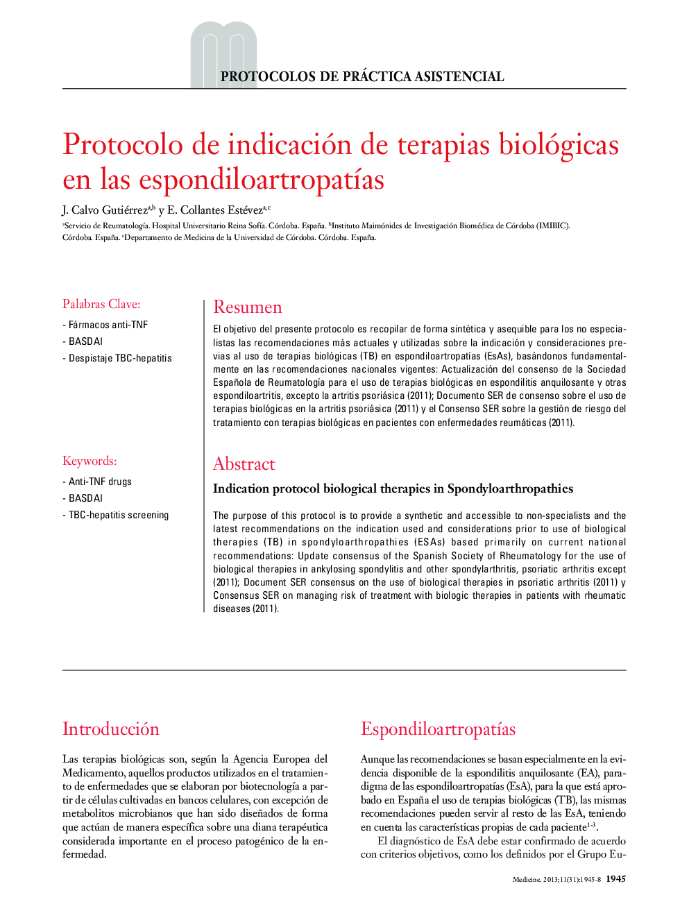 Protocolo de indicación de terapias biológicas en las espondiloartropatías