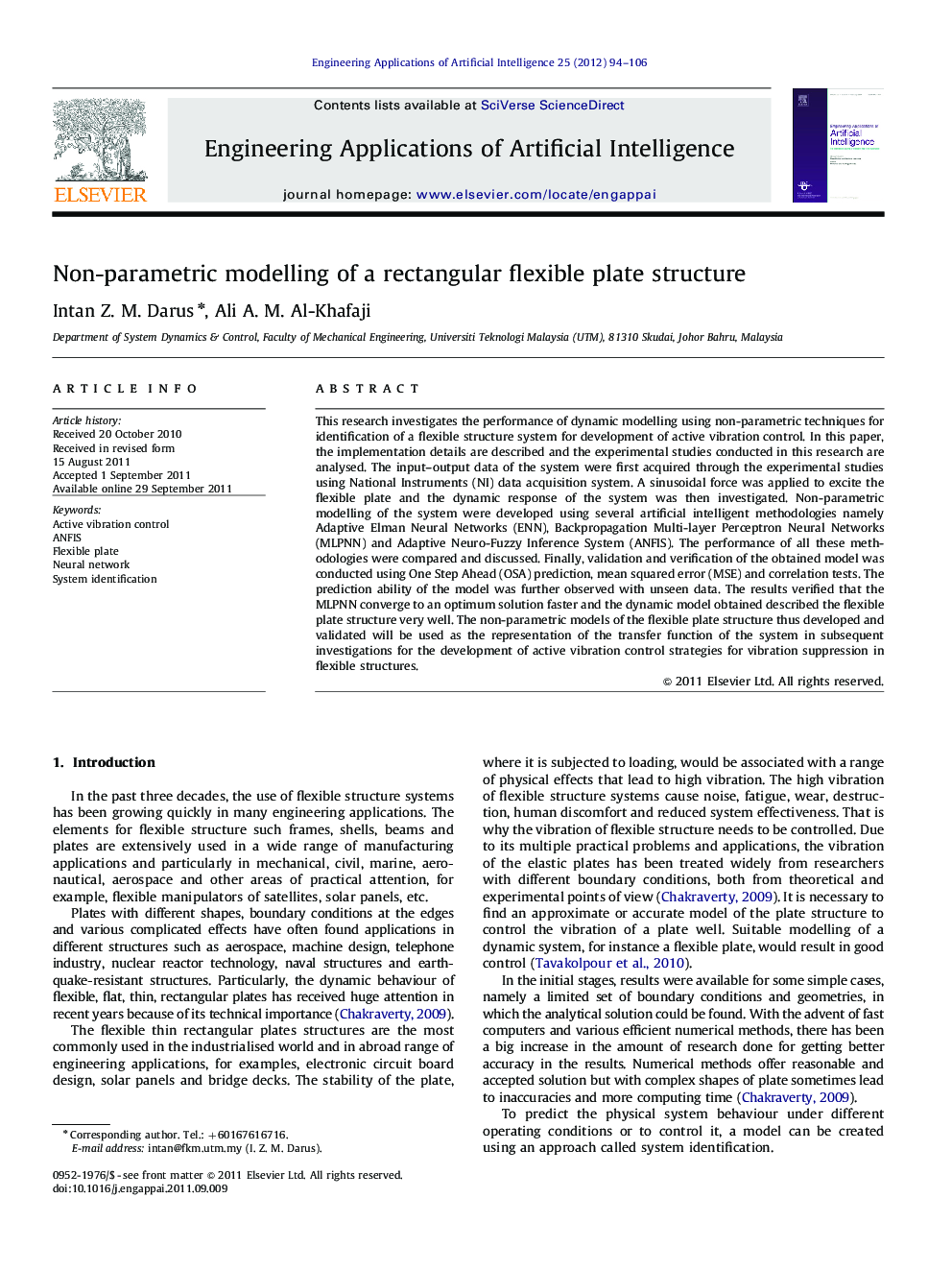 Non-parametric modelling of a rectangular flexible plate structure