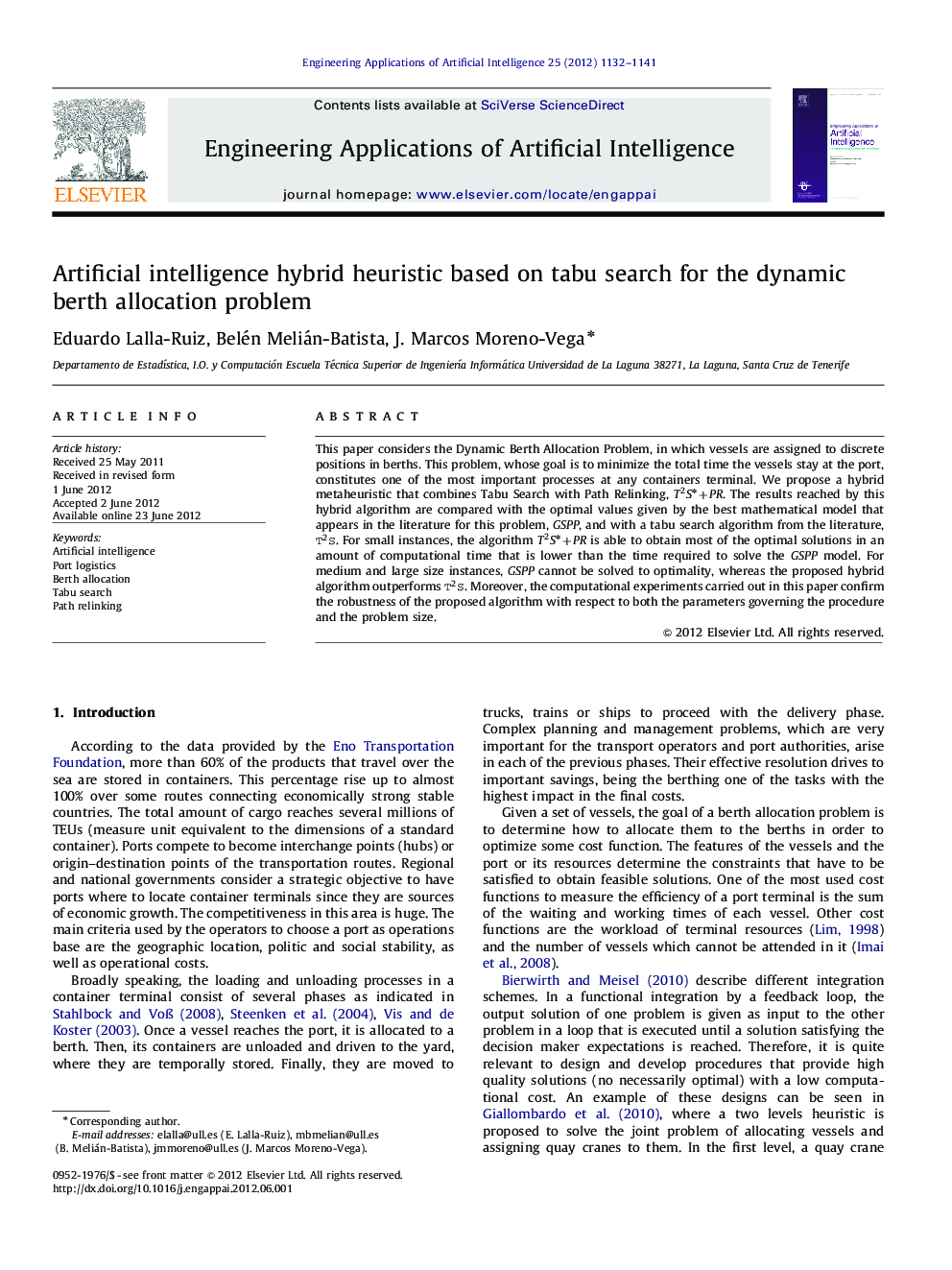 Artificial intelligence hybrid heuristic based on tabu search for the dynamic berth allocation problem