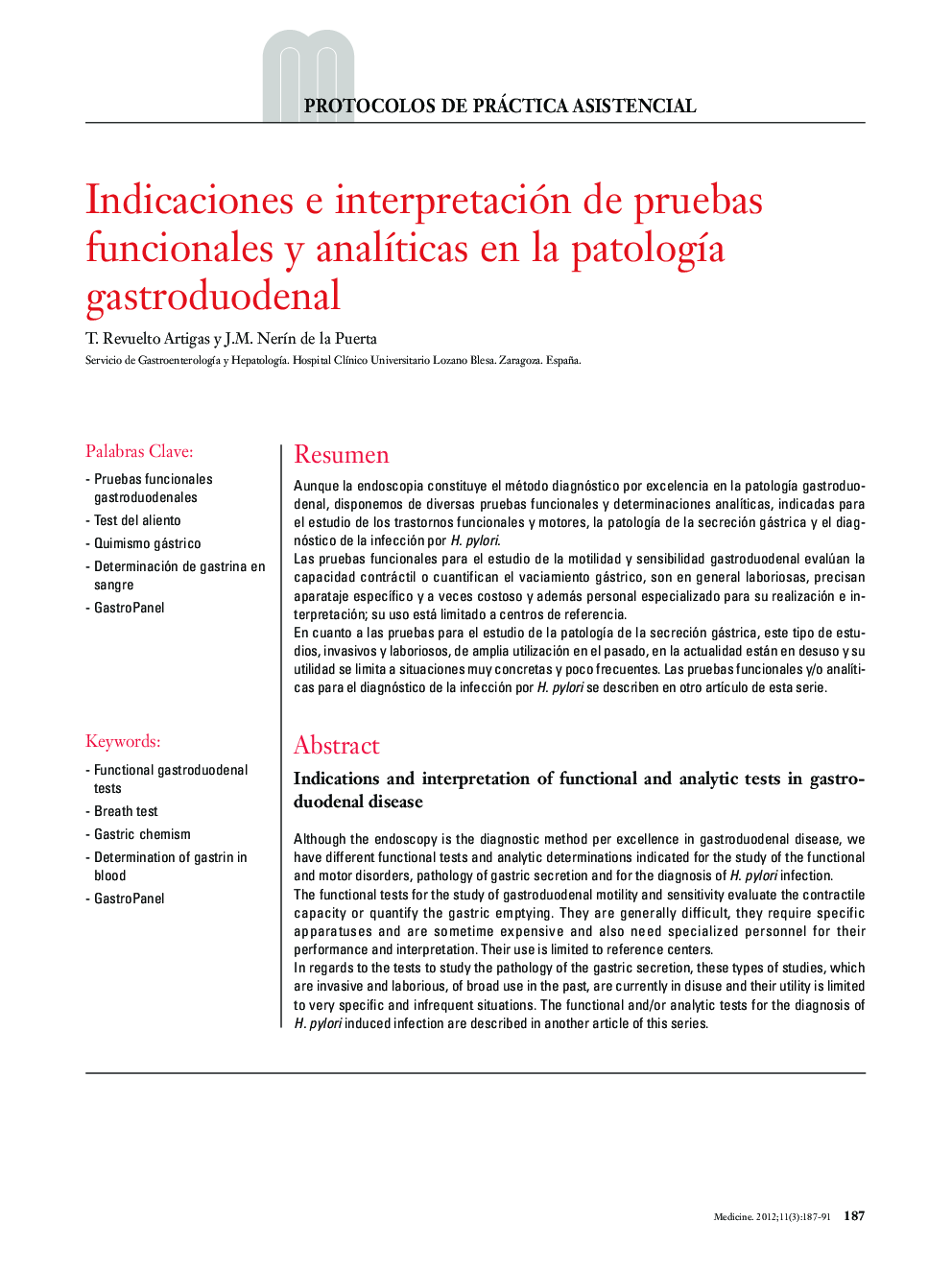 Indicaciones e interpretación de pruebas funcionales y analíticas en la patología gastroduodenal