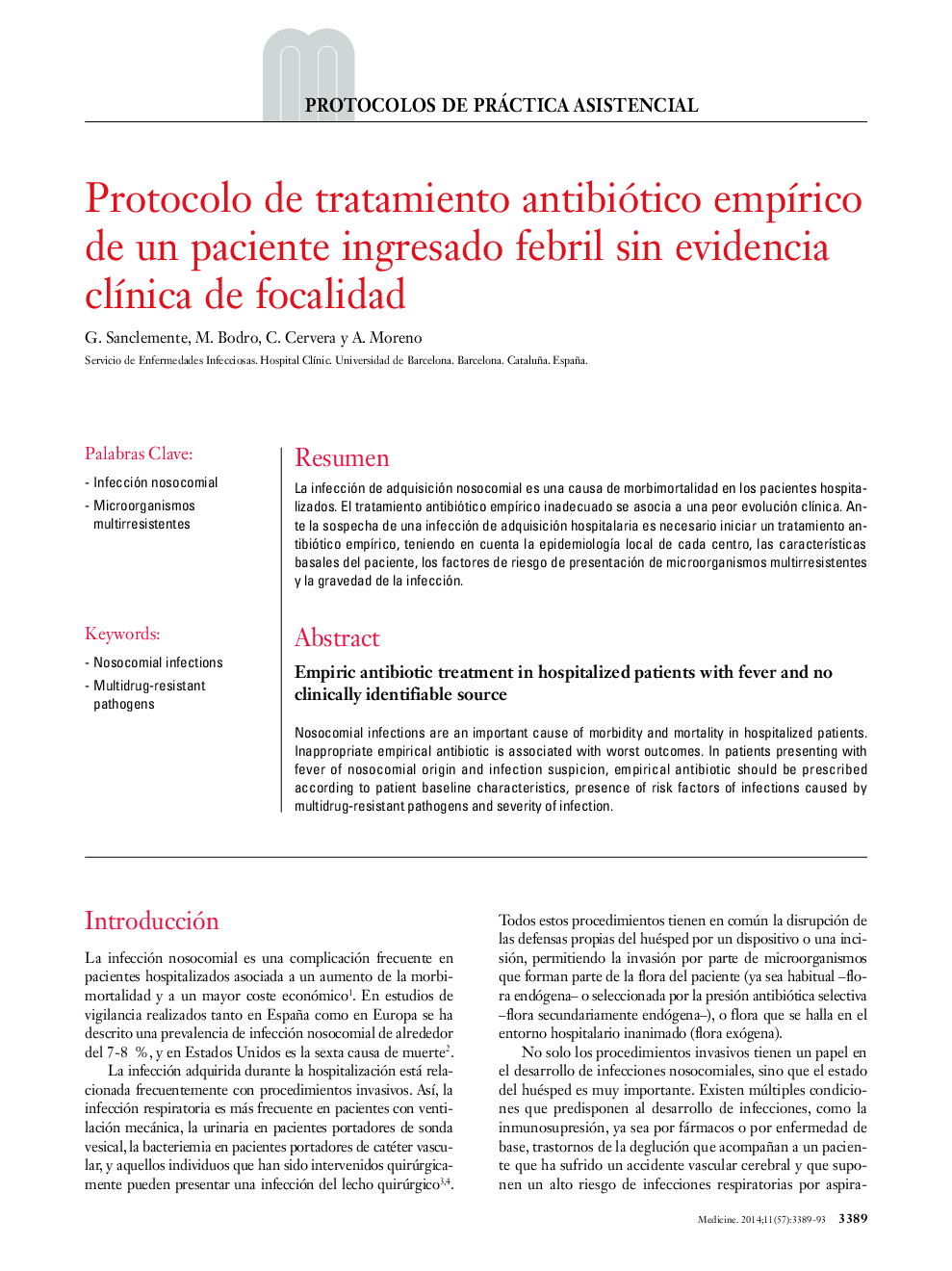 Protocolo de tratamiento antibiótico empÃ­rico de un paciente ingresado febril sin evidencia clÃ­nica de focalidad