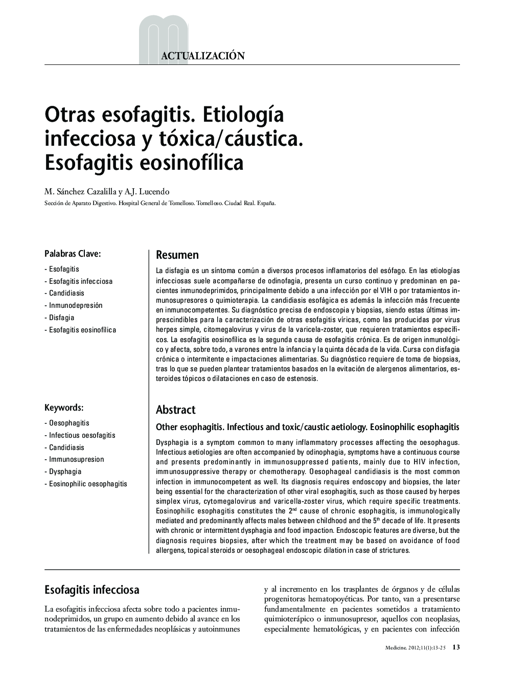 Otras esofagitis. Etiología infecciosa y tóxica/cáustica. Esofagitis eosinofílica