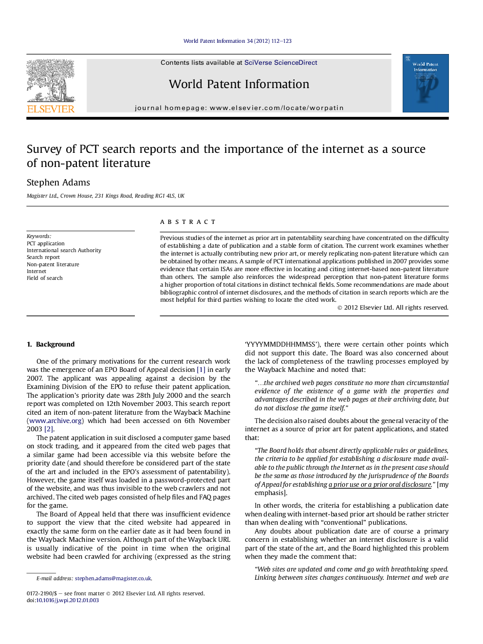 Survey of PCT search reports and the importance of the internet as a source of non-patent literature