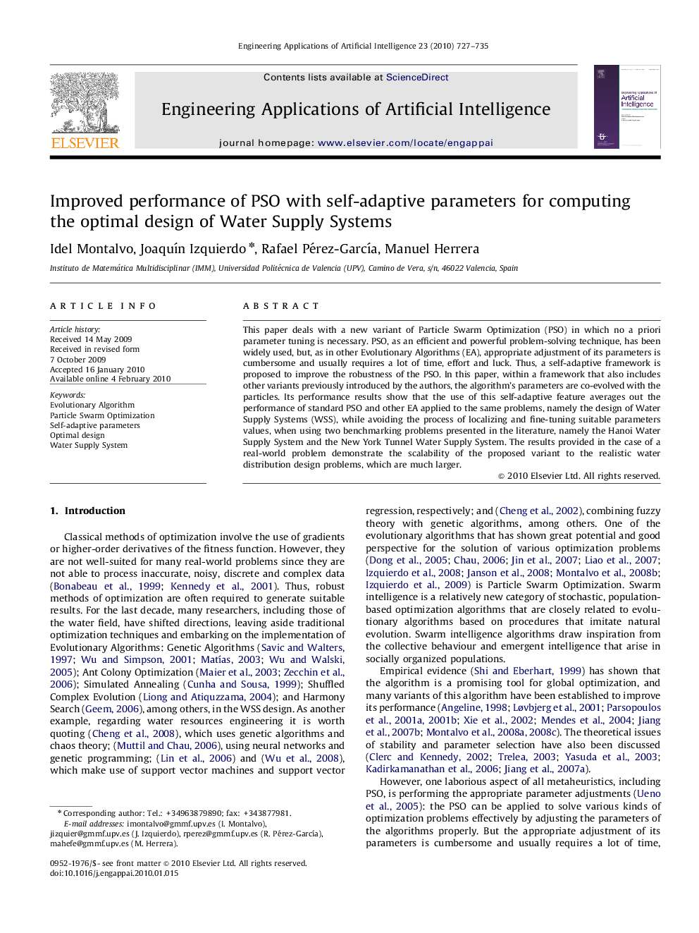 Improved performance of PSO with self-adaptive parameters for computing the optimal design of Water Supply Systems