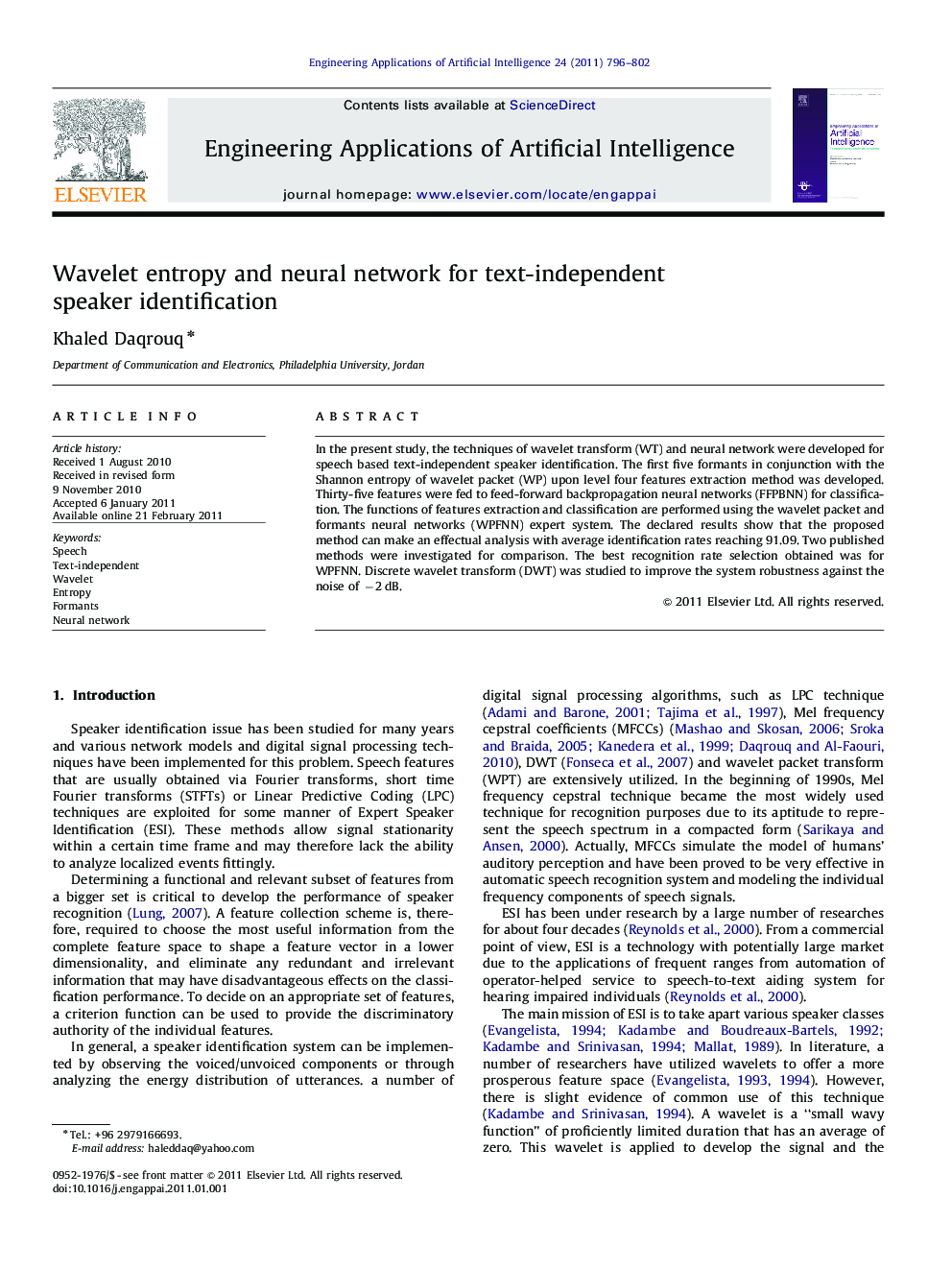 Wavelet entropy and neural network for text-independent speaker identification