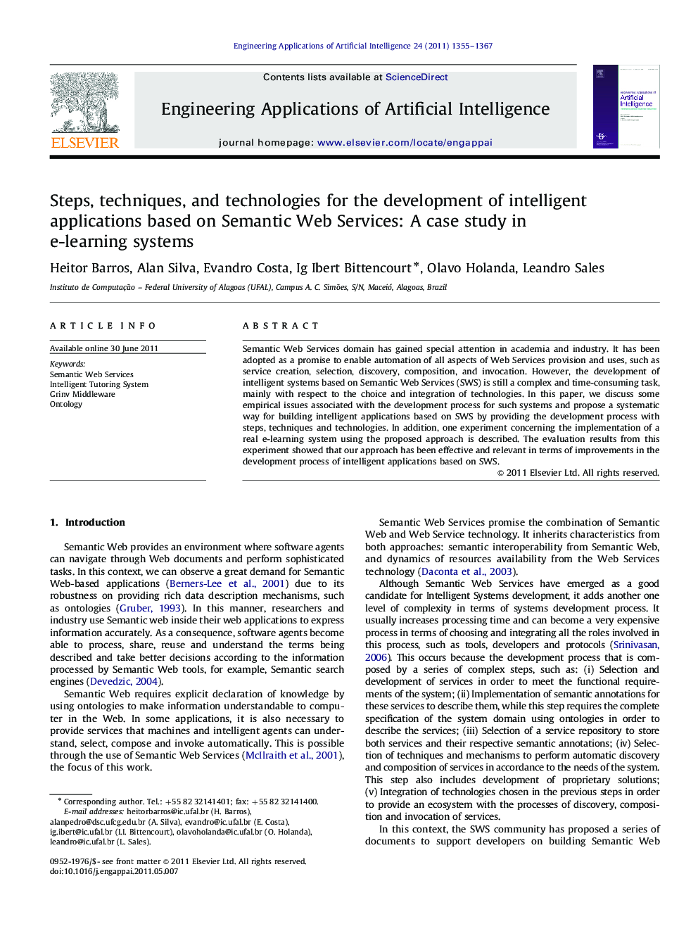 Steps, techniques, and technologies for the development of intelligent applications based on Semantic Web Services: A case study in e-learning systems