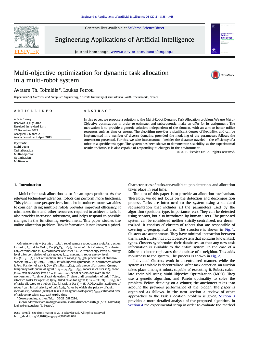 Multi-objective optimization for dynamic task allocation in a multi-robot system