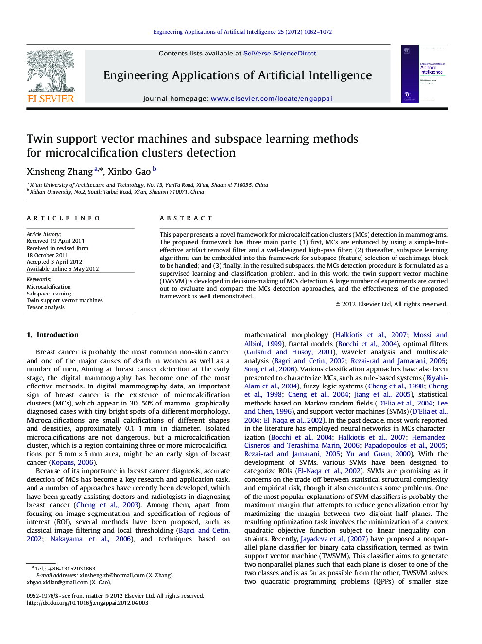 Twin support vector machines and subspace learning methods for microcalcification clusters detection