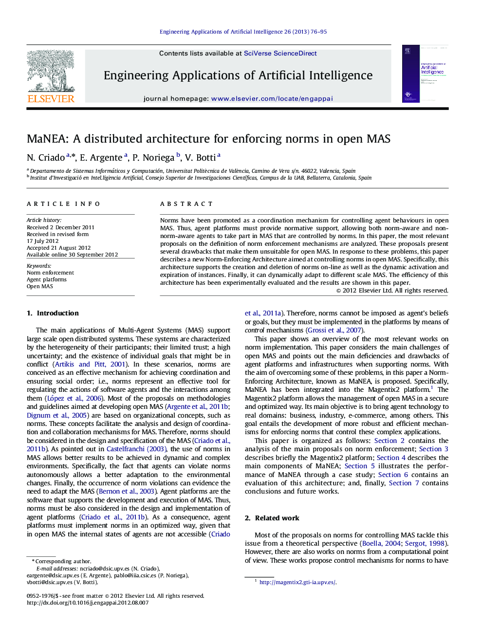 MaNEA: A distributed architecture for enforcing norms in open MAS