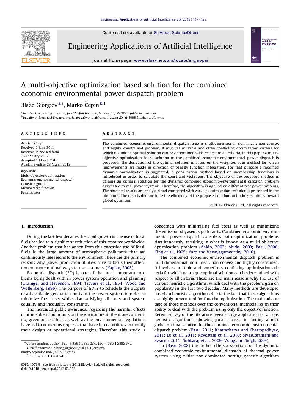 A multi-objective optimization based solution for the combined economic-environmental power dispatch problem