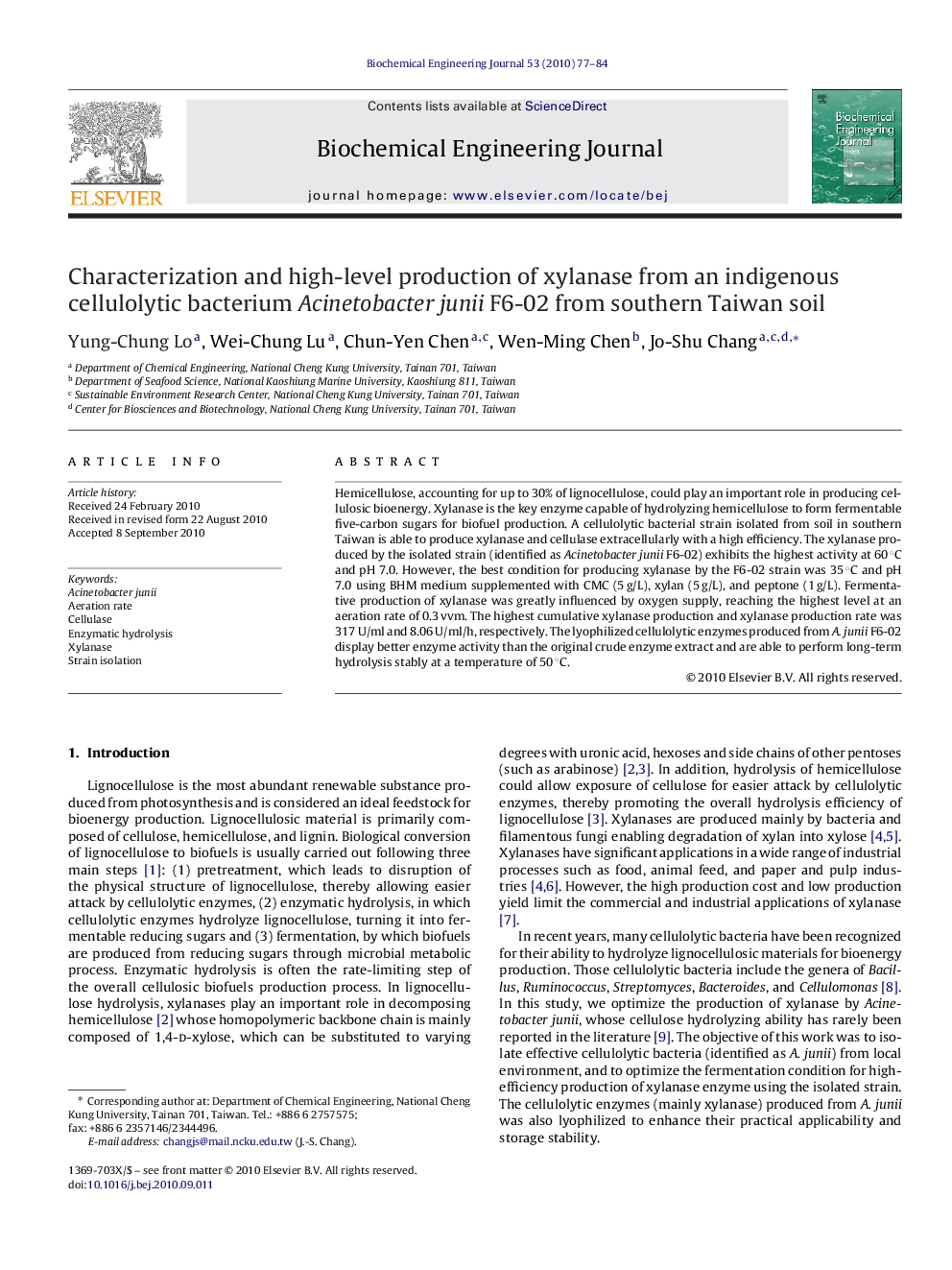 Characterization and high-level production of xylanase from an indigenous cellulolytic bacterium Acinetobacter junii F6-02 from southern Taiwan soil