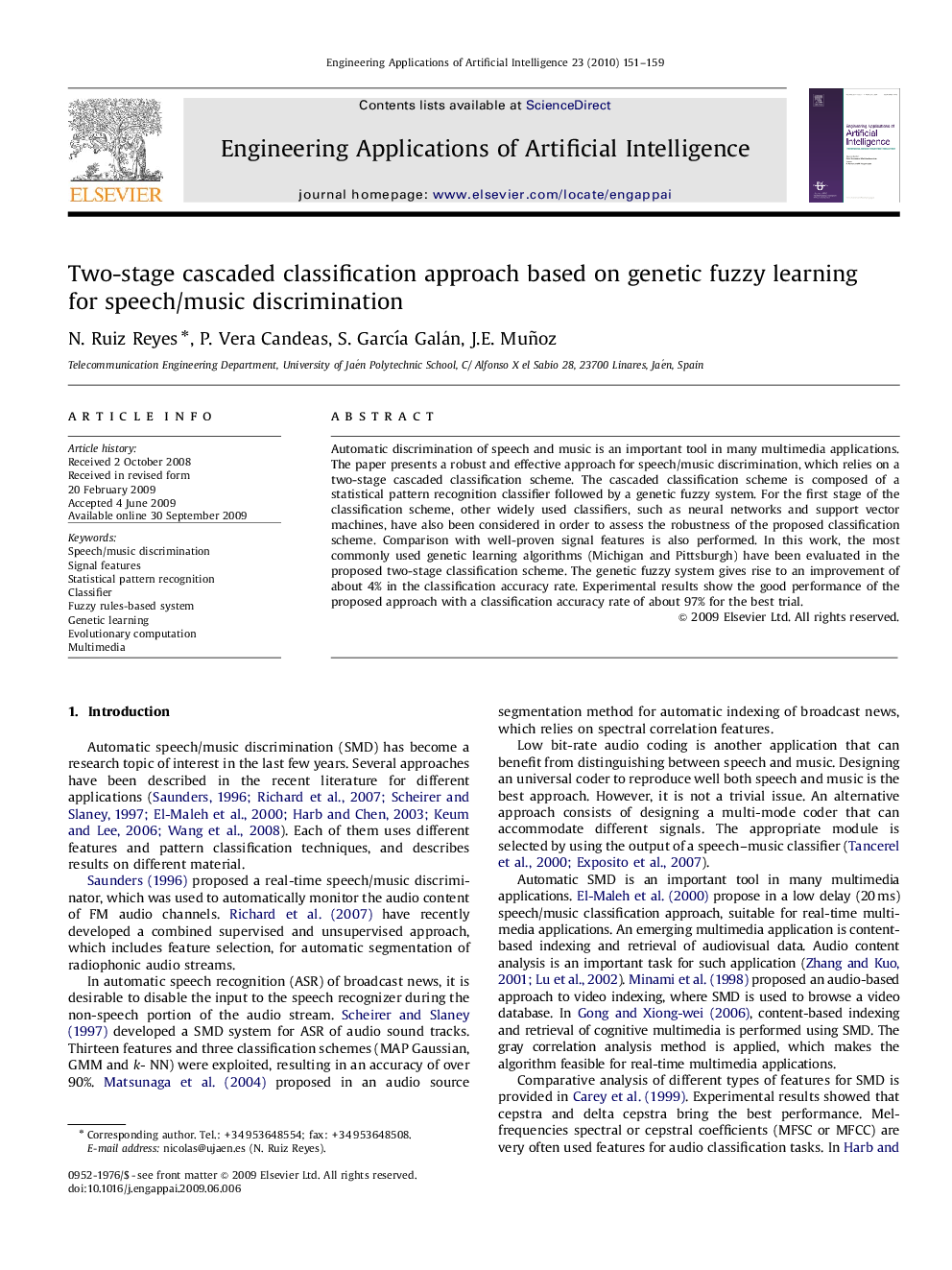 Two-stage cascaded classification approach based on genetic fuzzy learning for speech/music discrimination