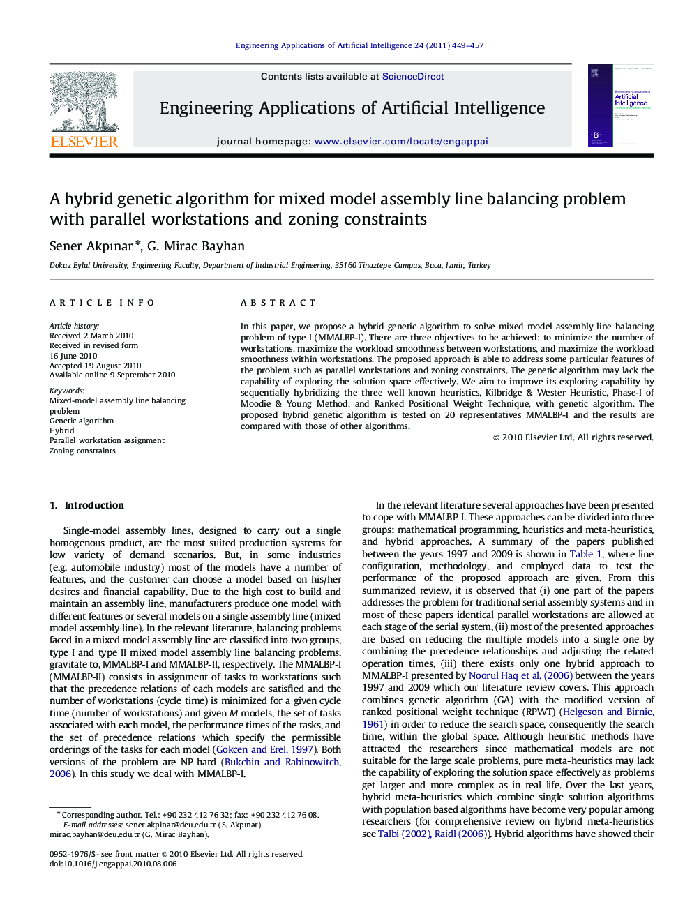 A hybrid genetic algorithm for mixed model assembly line balancing problem with parallel workstations and zoning constraints