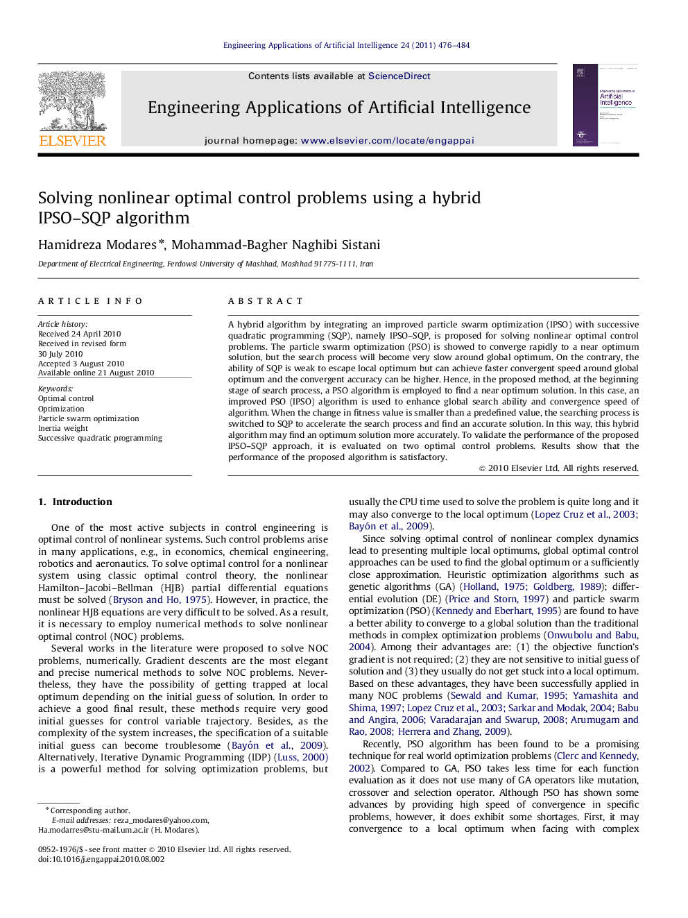 Solving nonlinear optimal control problems using a hybrid IPSO–SQP algorithm