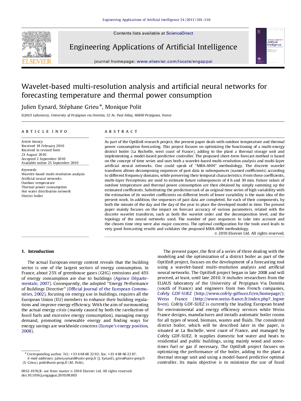 Wavelet-based multi-resolution analysis and artificial neural networks for forecasting temperature and thermal power consumption