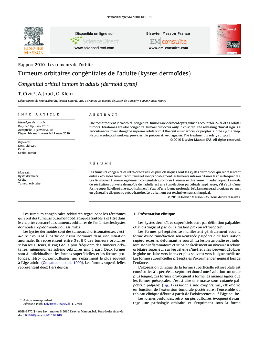 Tumeurs orbitaires congénitales de l'adulte (kystes dermoïdes)