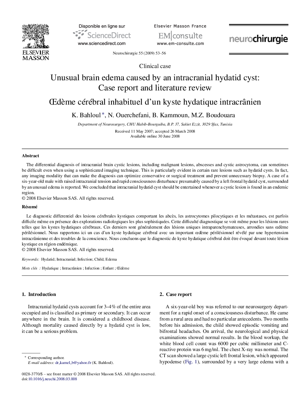 Unusual brain edema caused by an intracranial hydatid cyst: Case report and literature review