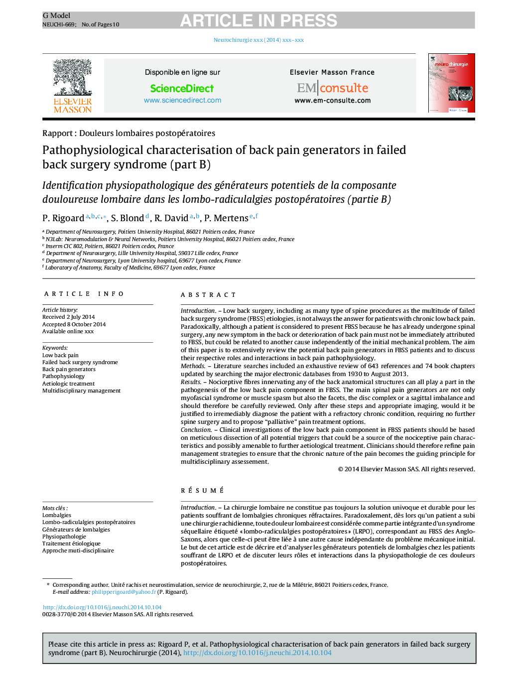 Pathophysiological characterisation of back pain generators in failed back surgery syndrome (part B)