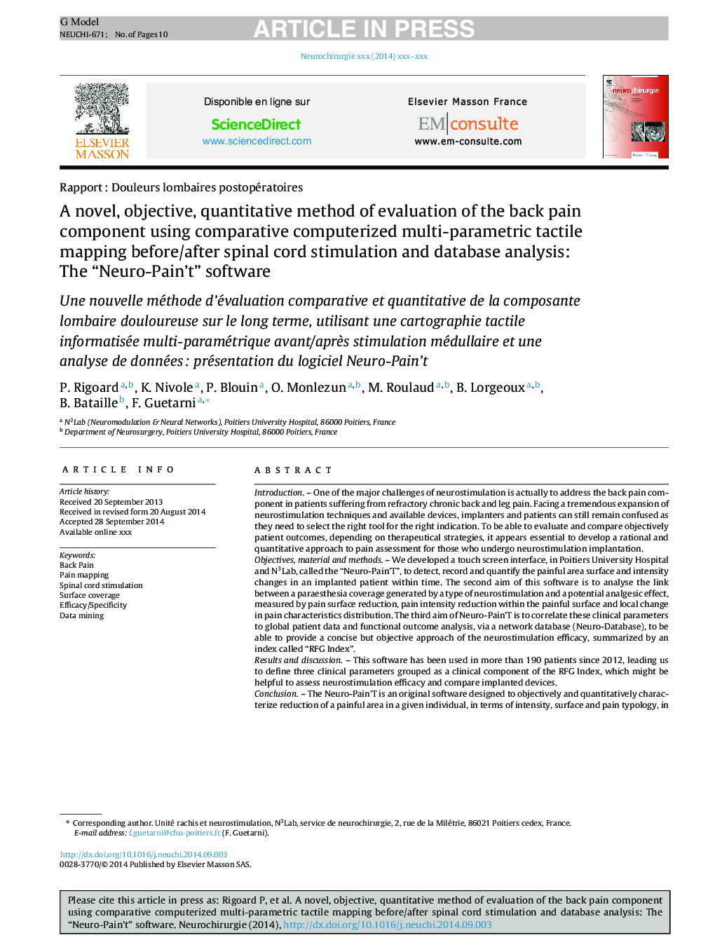 A novel, objective, quantitative method of evaluation of the back pain component using comparative computerized multi-parametric tactile mapping before/after spinal cord stimulation and database analysis: The “Neuro-Pain't” software