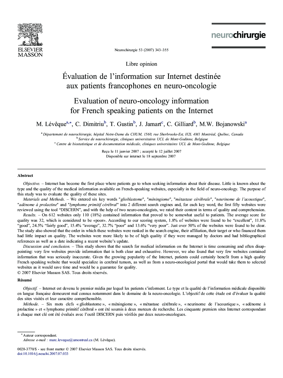 Ãvaluation deÂ l'information surÂ Internet destinée auxÂ patients francophones enÂ neuro-oncologie