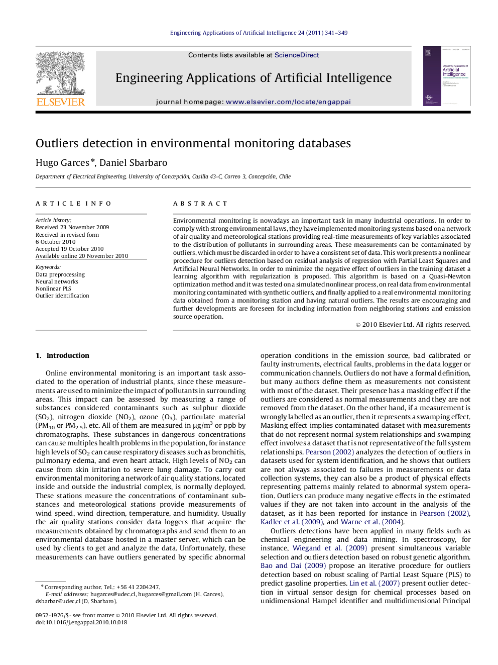 Outliers detection in environmental monitoring databases