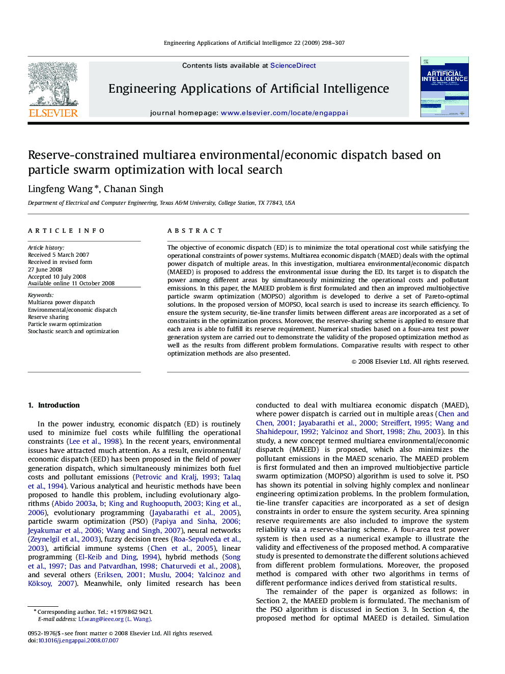 Reserve-constrained multiarea environmental/economic dispatch based on particle swarm optimization with local search