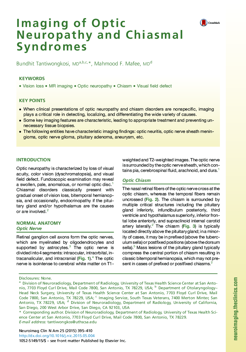 Imaging of Optic Neuropathy and Chiasmal Syndromes