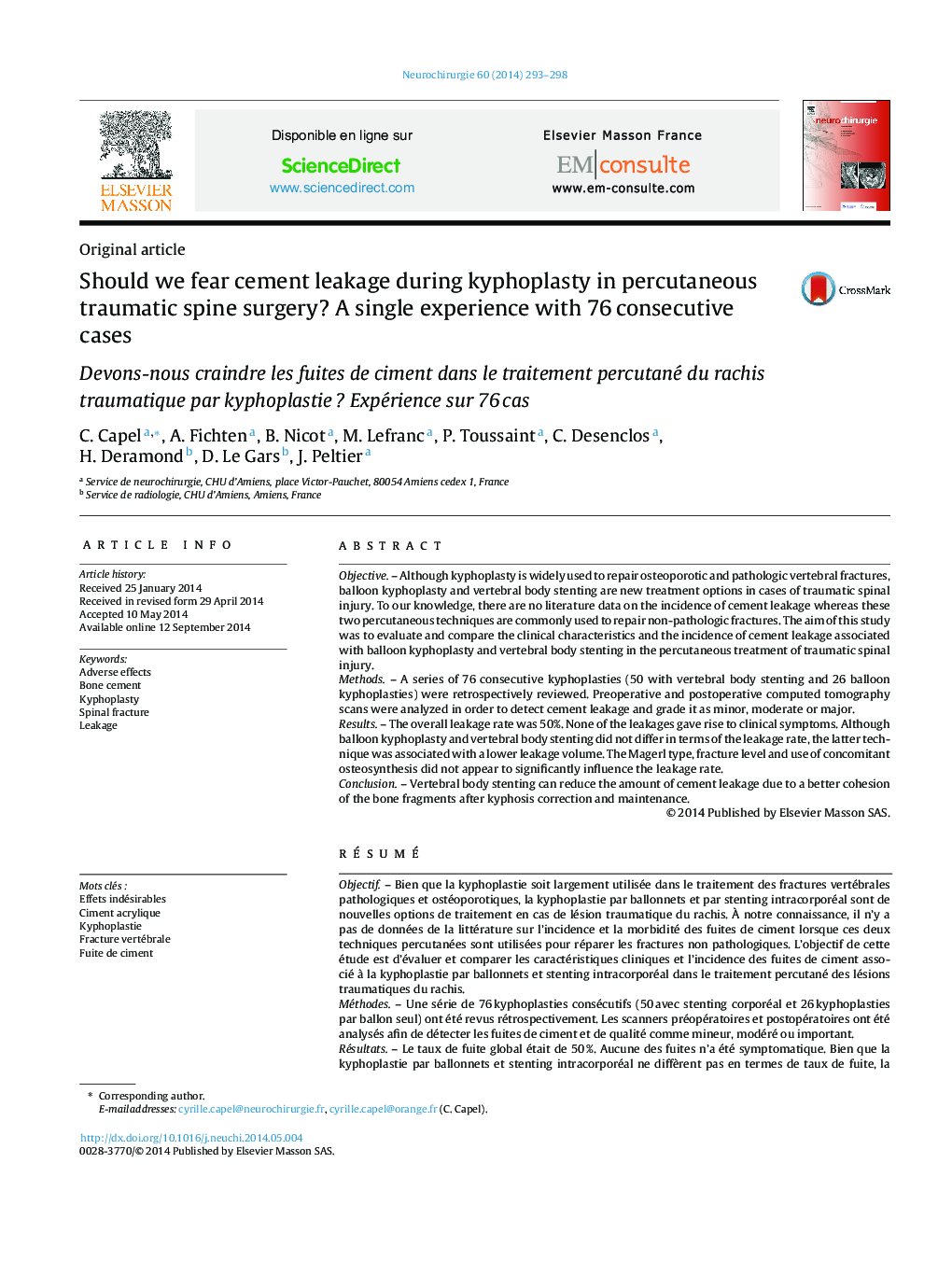 Should we fear cement leakage during kyphoplasty in percutaneous traumatic spine surgery? A single experience with 76Â consecutive cases