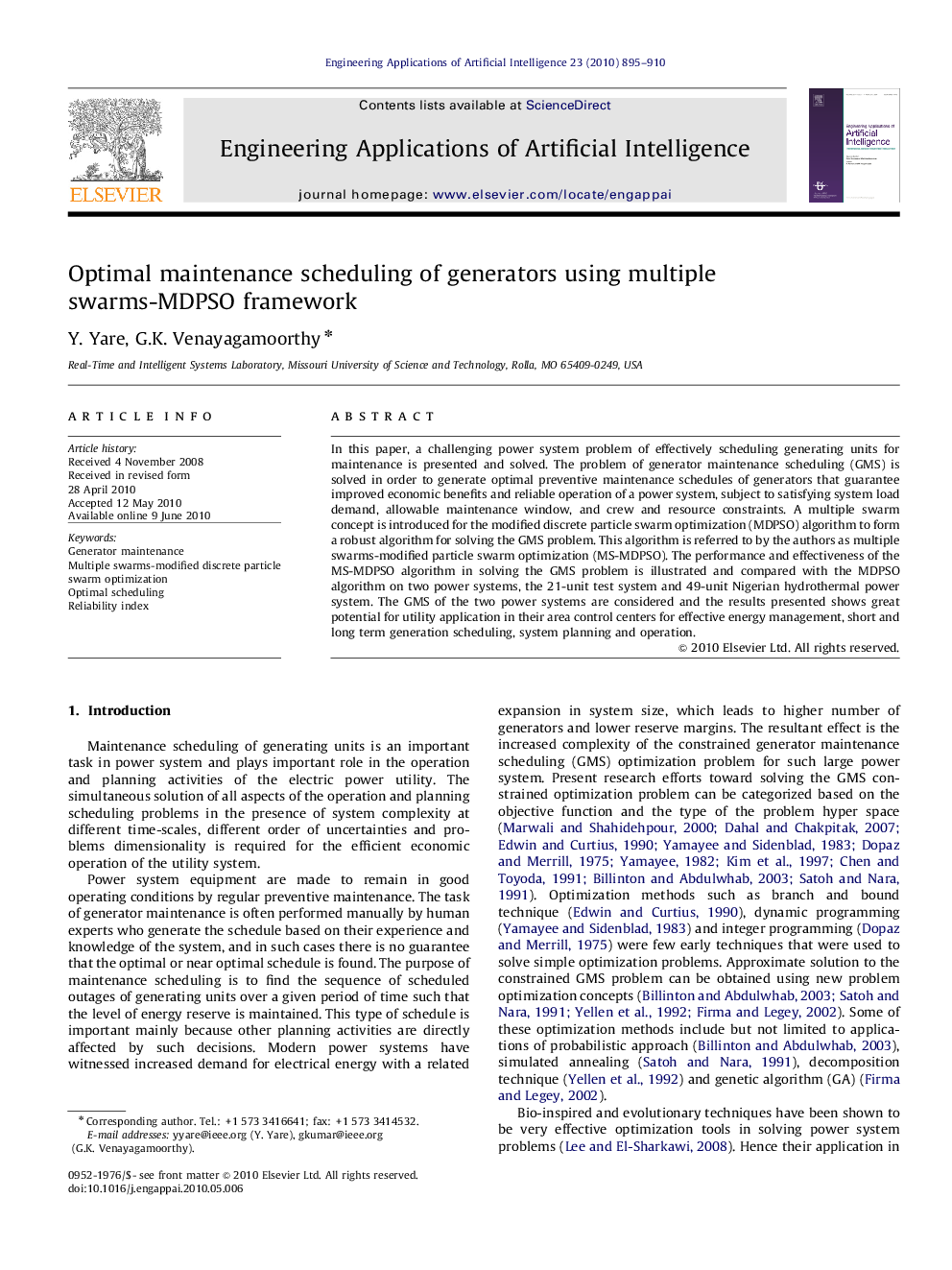 Optimal maintenance scheduling of generators using multiple swarms-MDPSO framework