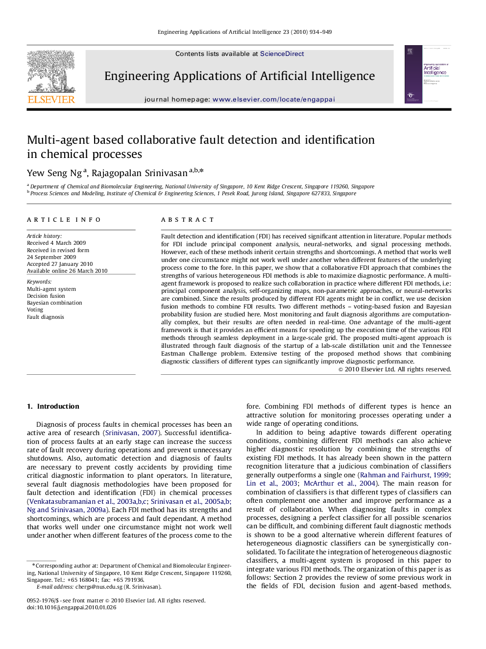 Multi-agent based collaborative fault detection and identification in chemical processes