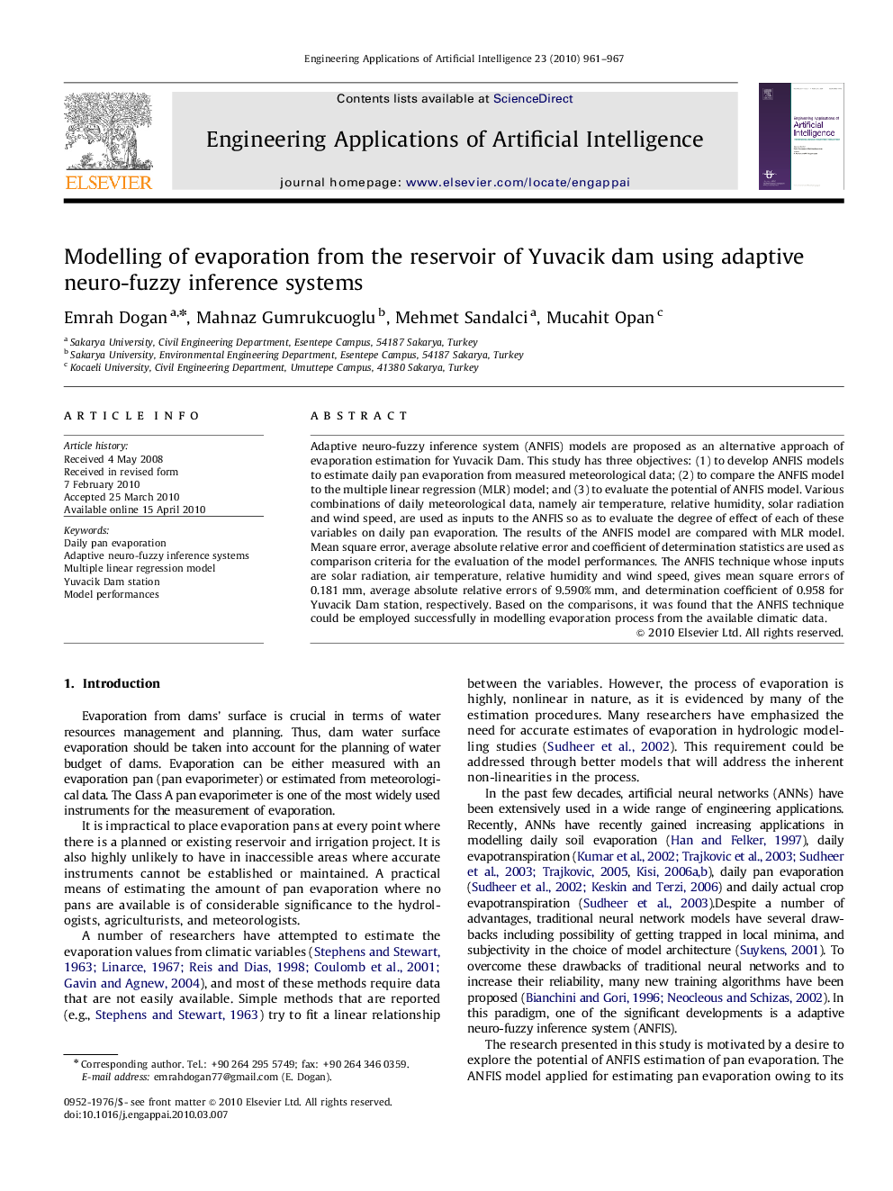 Modelling of evaporation from the reservoir of Yuvacik dam using adaptive neuro-fuzzy inference systems