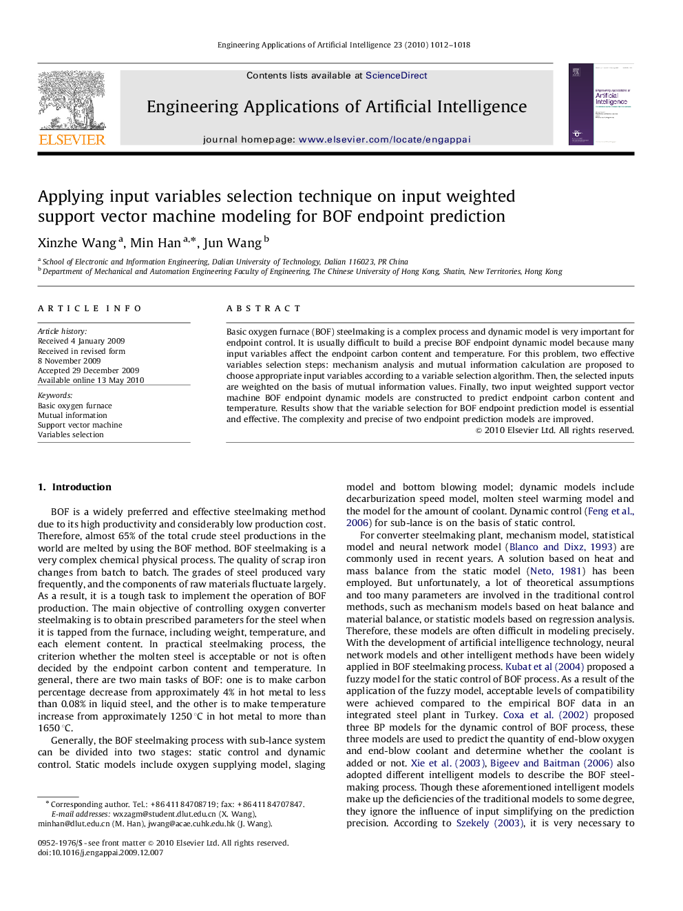 Applying input variables selection technique on input weighted support vector machine modeling for BOF endpoint prediction