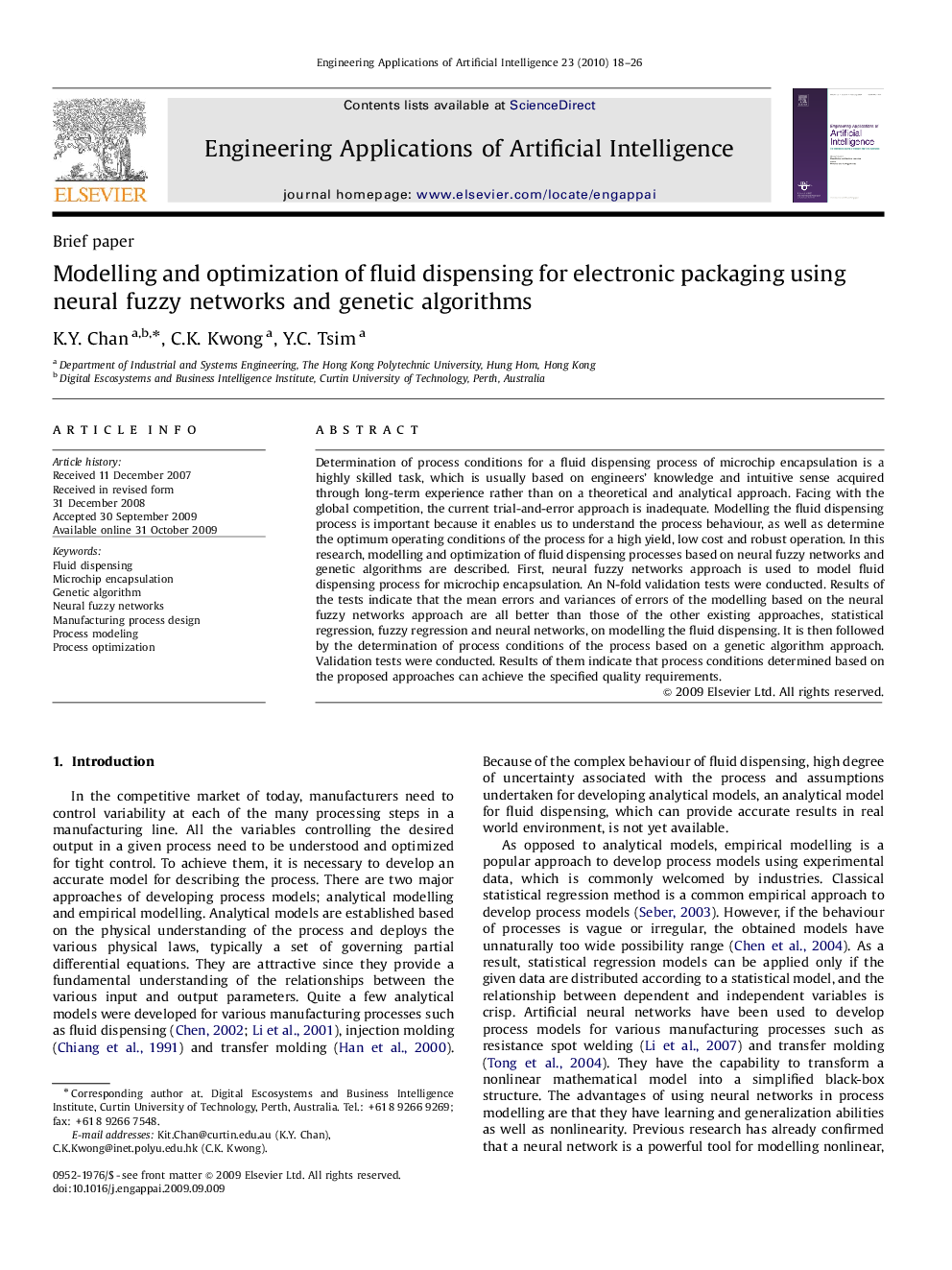 Modelling and optimization of fluid dispensing for electronic packaging using neural fuzzy networks and genetic algorithms