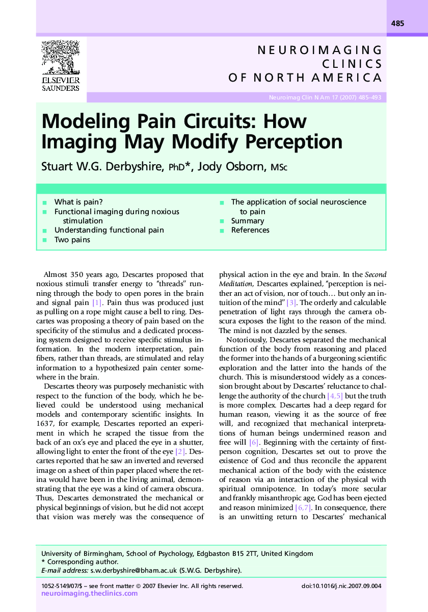 Modeling Pain Circuits: How Imaging May Modify Perception