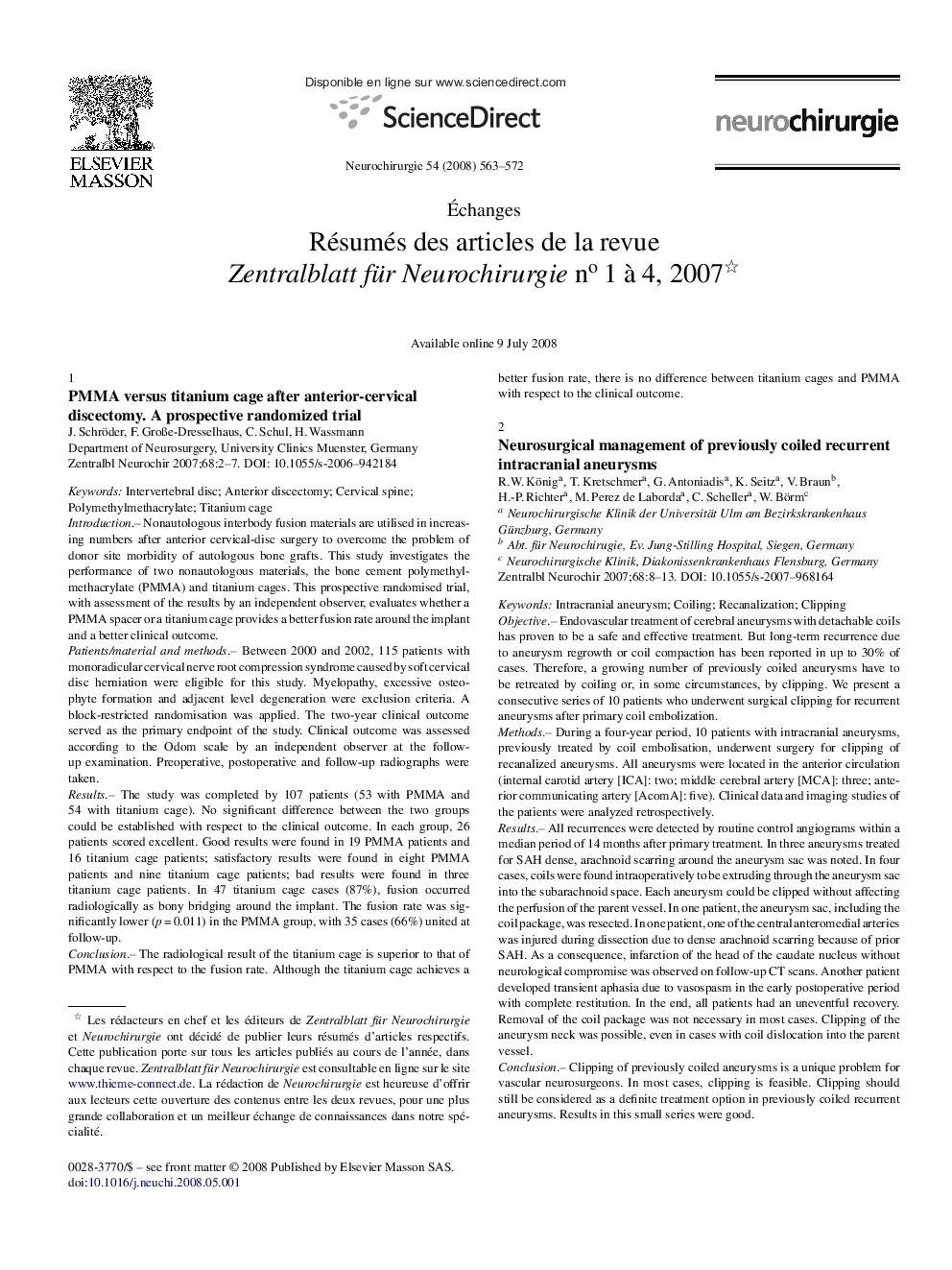 عکس صفحه اول مقاله: Resumes des articles de la revue Zentralblatt fur Neurochirurgie N 1 a 4, 2007 Resumes des articles de la revue Zentralblatt fur Neurochirurgie N 1 a 4, 2007