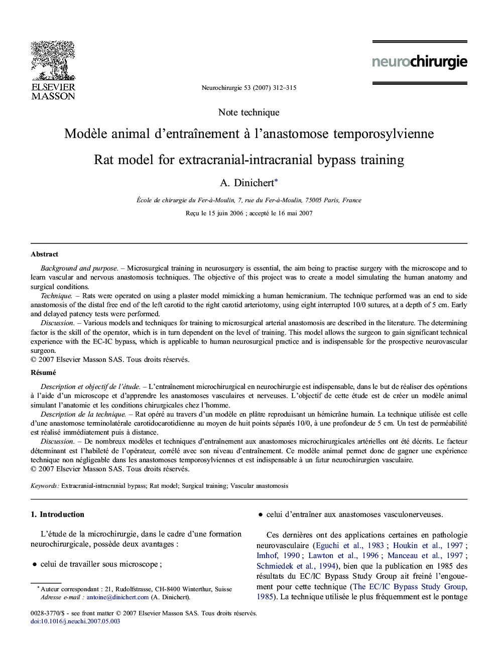 ModÃ¨le animal d'entraÃ®nement Ã Â l'anastomose temporosylvienne