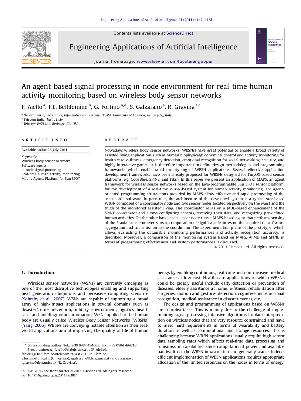 An agent-based signal processing in-node environment for real-time human activity monitoring based on wireless body sensor networks