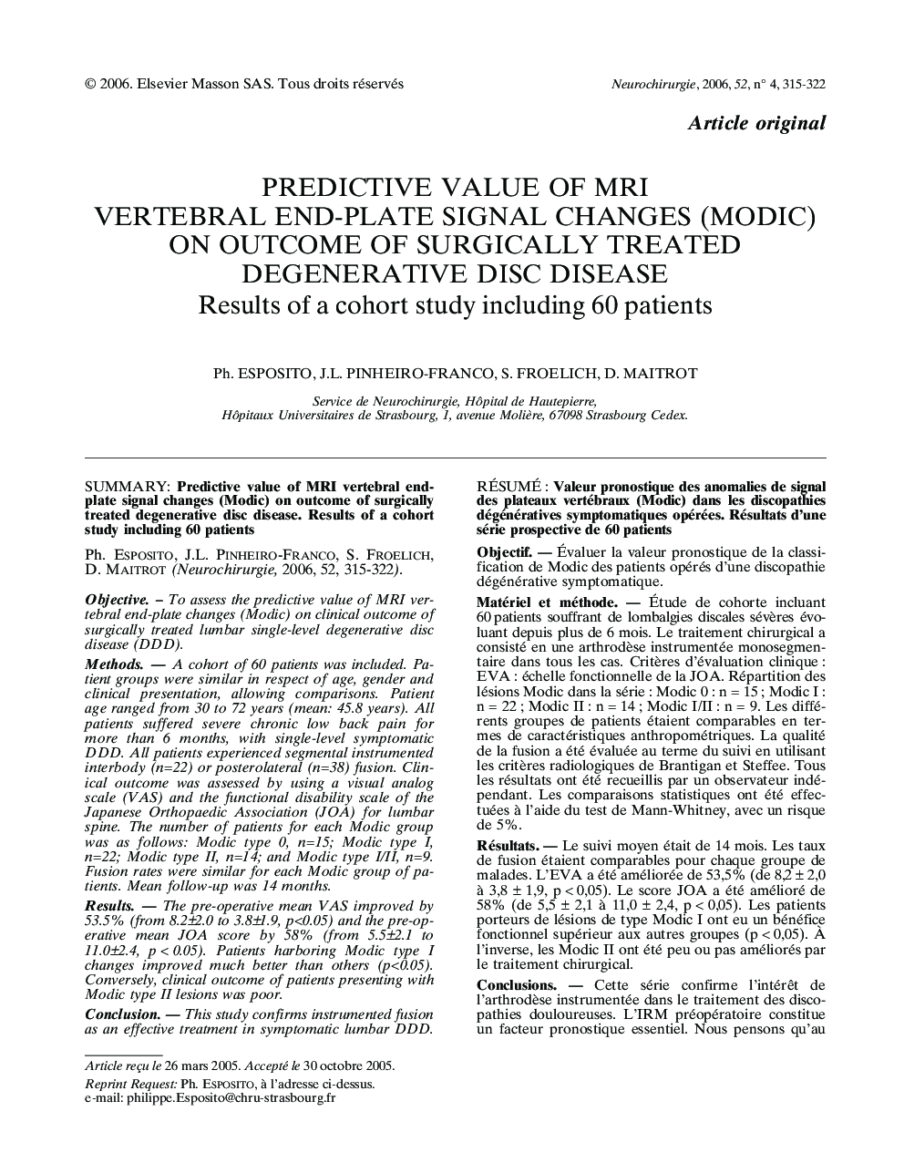 Predictive value of MRI vertebral end-plate signal changes (MODIC) on outcome of surgically treated degenerative disc disease
