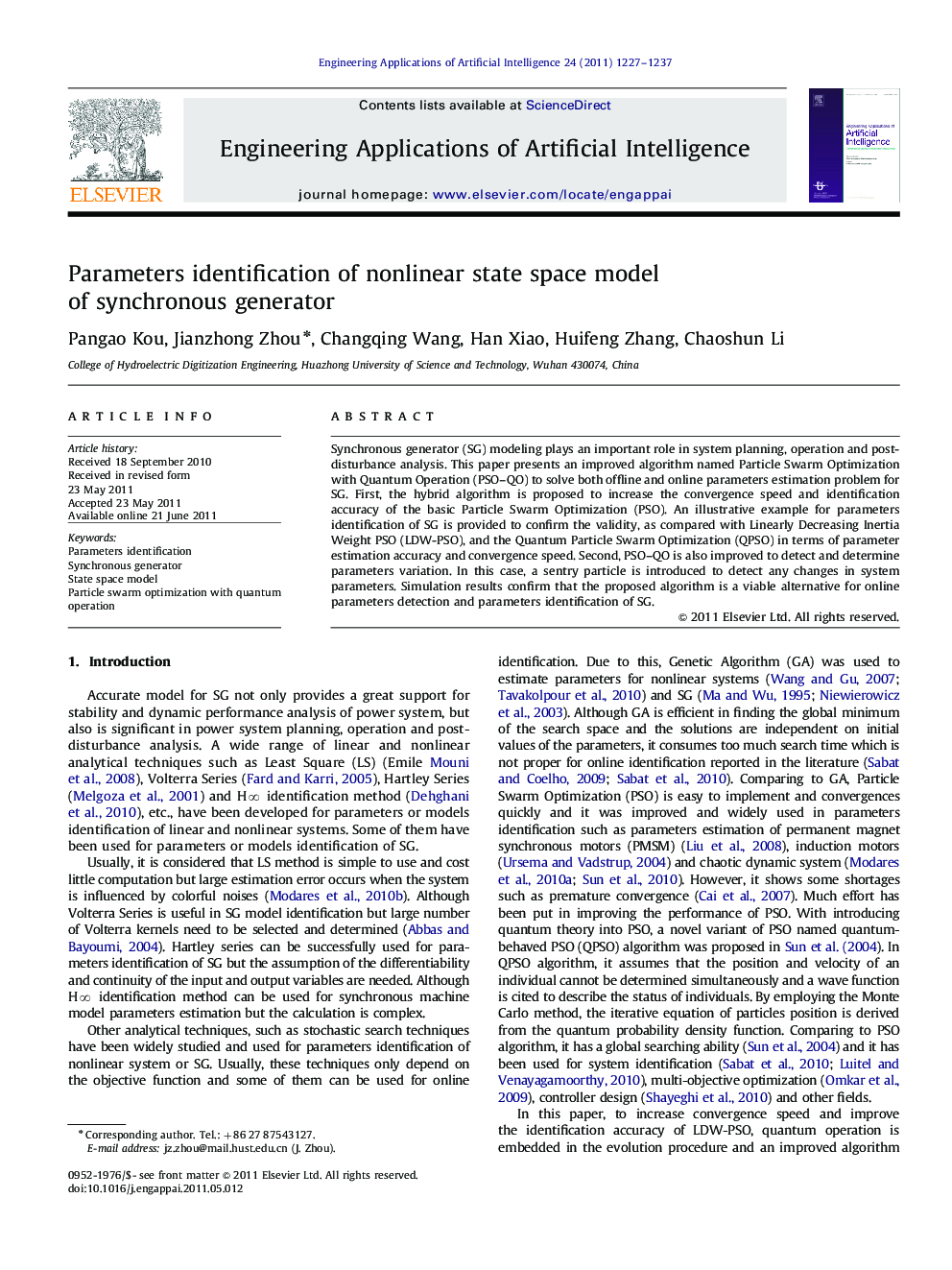 Parameters identification of nonlinear state space model of synchronous generator