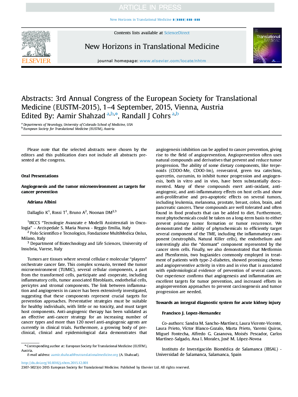 عکس صفحه اول مقاله: Abstracts: 3rd Annual Congress of the European Society for Translational Medicine (EUSTM-2015) 1-4 September, 2015, Vienna, Austria. Abstracts: 3rd Annual Congress of the European Society for Translational Medicine (EUSTM-2015) 1-4 September, 2015, Vienna, Austria.
