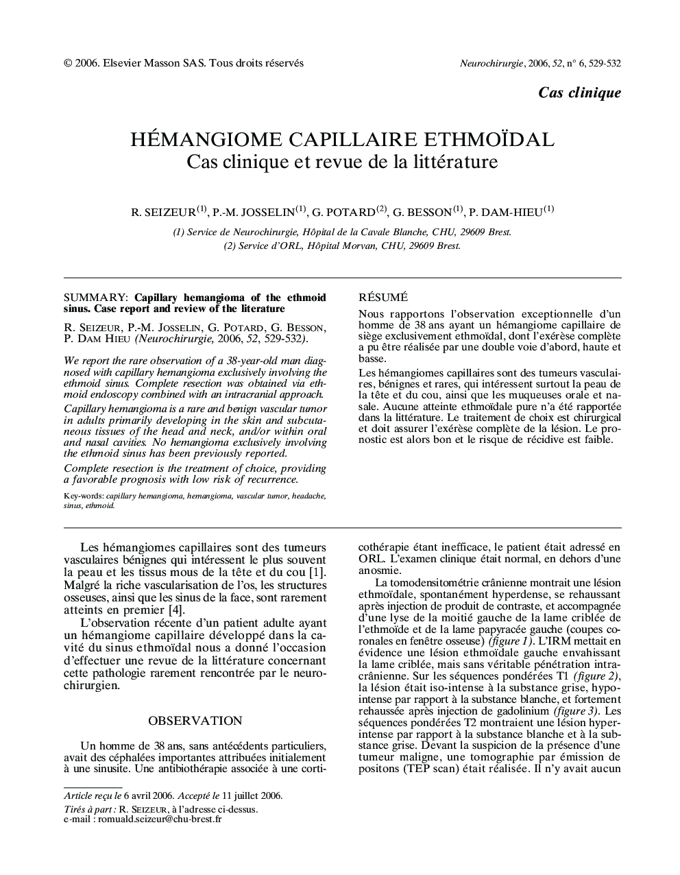 Hémangiome capillaire ethmoïdal