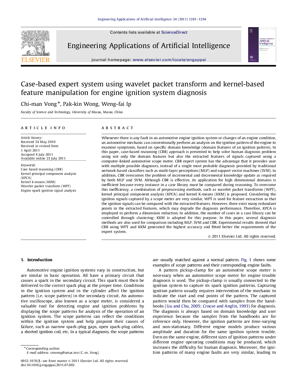 Case-based expert system using wavelet packet transform and kernel-based feature manipulation for engine ignition system diagnosis