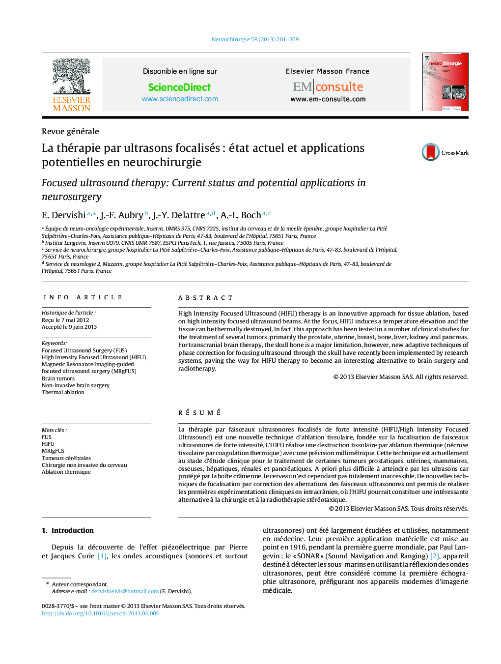 La thérapie par ultrasons focalisésÂ : état actuel et applications potentielles en neurochirurgie