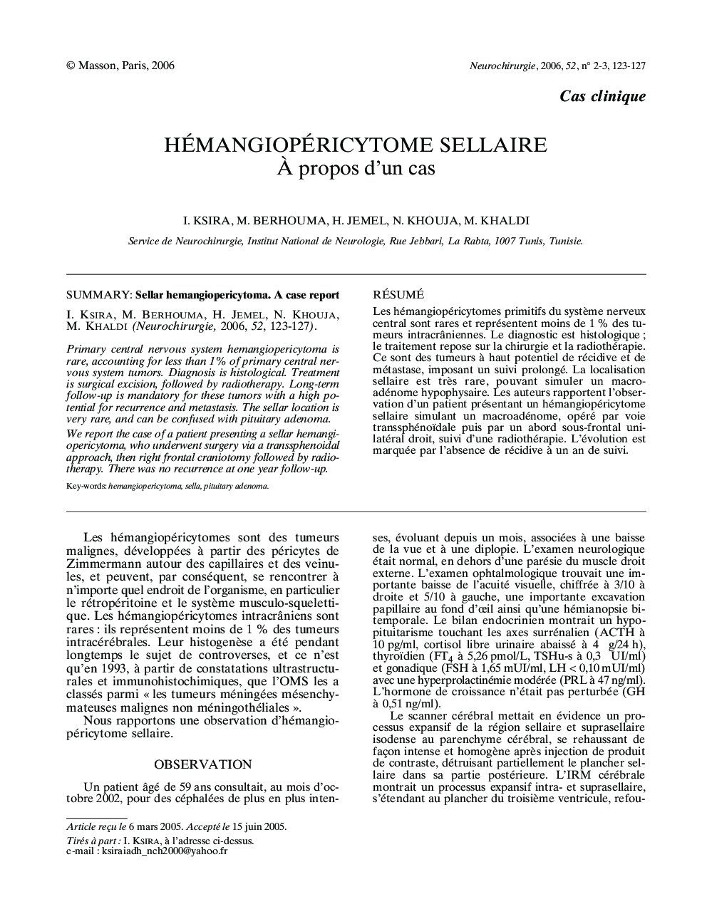 Hémangiopéricytome sellaire