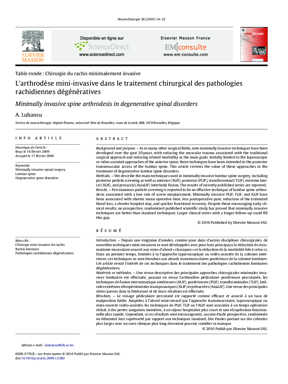 L'arthrodÃ¨se mini-invasive dans le traitement chirurgical des pathologies rachidiennes dégénératives